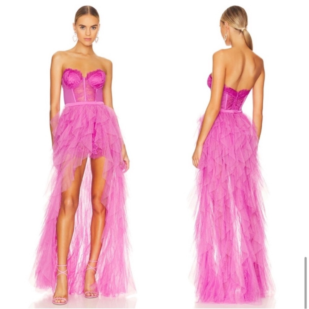 Revolve x For Love And Lemons Pink Fuchsia Lace Maxi Bustier Gown Dress